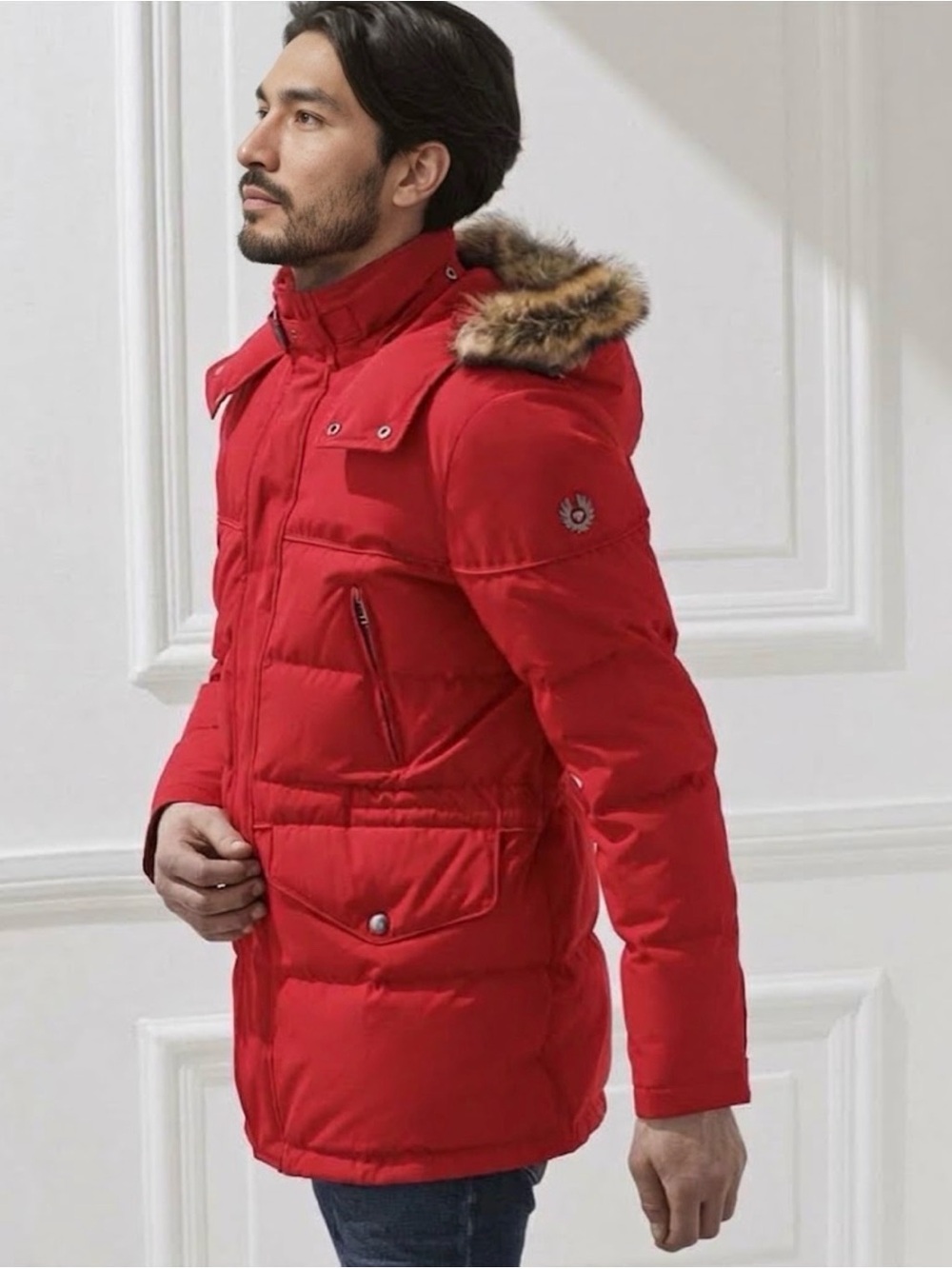 Belstaff Men’s Red down Parka jacket fur hooded winter zip up Coat mid length L